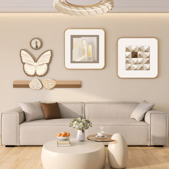 艾格辰奶油风轻奢客厅装饰画沙发背景墙抽象挂画现代感蝴蝶简约壁画 极简A款 PVC金色【小款】40方*2幅+蝴蝶*1+暖居长条
