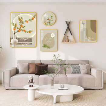 艾格辰奶油风客厅装饰画感沙发背景墙绿植挂画北欧简约莫兰迪墙壁画 浮光绿影-A款-金色 PVC边框【24寸】4060+3040*2+30圆