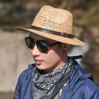 帽子幅子冒孑男人土士夏季遮蔗摭庶阳防晒草帽巴拿马礼帽户外旅游沙滩