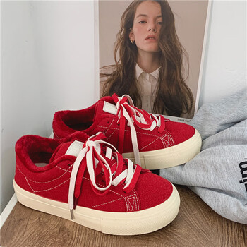 命年红鞋女运动鞋加绒女鞋帆布鞋女冬季年新款厚底新年红色运动红色35