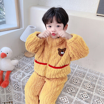 2岁5宝宝珊瑚绒加绒小男孩家居服1开衫分体套装卡通可爱洋气小熊 双层