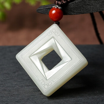 和田玉时来运转吊坠 浅青玉方形玉扣玉石坠子 附送证书 吊坠