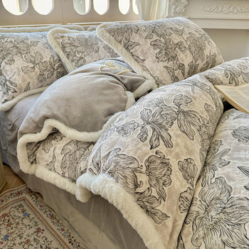 Krupp Corp A类母婴级加厚加密夹边雕花牛奶绒四件套 冬季保暖绒床笠套件 墨花如梦-c 床单款 1.8米床(被套200*230cm)