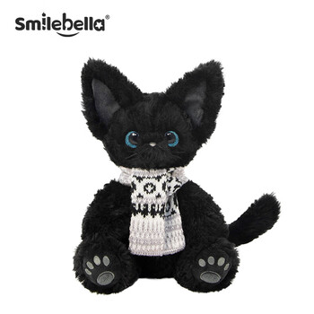 SMILE BELLA英国黑猫玩偶猫咪毛绒玩具娃娃抱枕德文猫公仔小猫玩偶生日礼物女 黑猫+灰色格子围巾【袋装】站高22cm