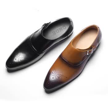 高端欧版手工尖头男鞋英伦真皮商务正装甩尖子皮鞋一脚蹬透气鞋子 棕