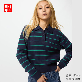 优衣库女装柔滑棉质POLO领条纹针织衫/毛衣毛衫484503 69 藏青色 L