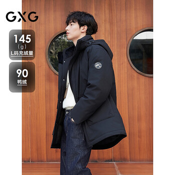 GXG男装 连帽中长款羽绒服工装加厚外套 2025冬季新品 黑色 L
