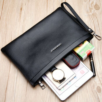 轻鸥新款头层牛皮软牛皮男士手包大容量手拿包休闲手抓包男士钱包SDN 8005小号黑