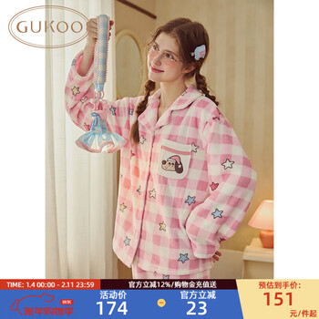 果壳（Gukoo）睡衣女冬季原创轰轰小狗毛绒保暖翻领甜美格纹女士家居服套装D 桃夭粉套装 XL