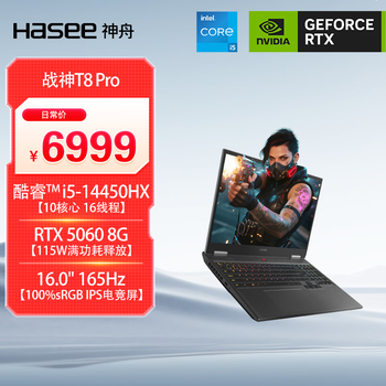 神舟（HASEE）【国家补贴15% RTX5060】战神T8 Pro 16英寸游戏本笔记本电脑(i5-14450HX 16G 512GB 165HZ)