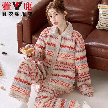 雅鹿暖绒甜美可爱学生家居服可外穿加绒加厚法兰绒睡衣女宽松珊瑚绒 NSJLY-KS285秋霜红方领费尔岛女 L (100-120斤)