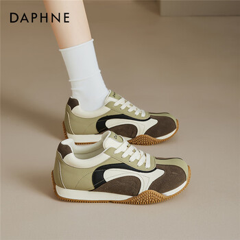 达芙妮黑色德训鞋女2025新款软底阿运动甘鞋小众不撞款休闲鞋 米绿色 35