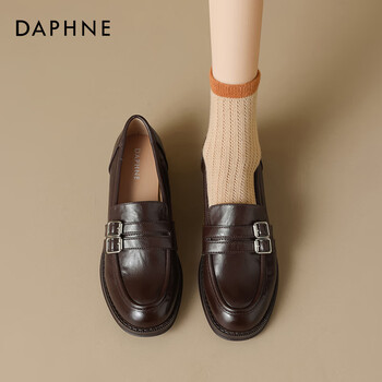 达芙妮乐福鞋女2026新款春秋厚底黑色英伦风小皮鞋软底不累脚单鞋 棕色 36