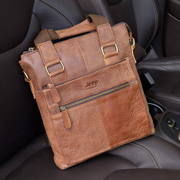 【京东精品】2019新款jeep吉普男包手提包牛皮商务横款真皮休闲男士单