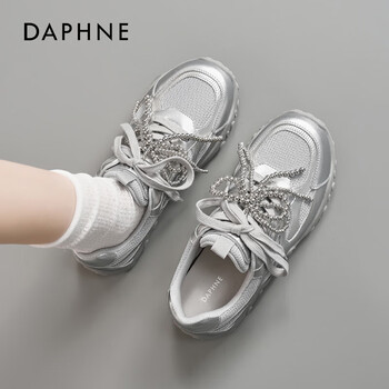 达芙妮厚底德训鞋女2026新款春季网面透气休闲运动百搭增高鞋 银色 37