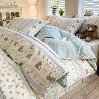 流川枫 全棉高支斜纹印花新疆棉高密纯棉被套床单四件套 小猫时光-兰SXD 1.8m 床单款 (被套200*230cm) 套件