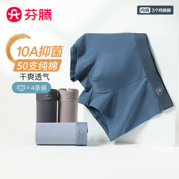 芬腾内裤男式年内裤10A抑菌纯棉底裆中腰简约平角内裤4条装 灰色/墨兰/灰紫/蓝色 4条 XL