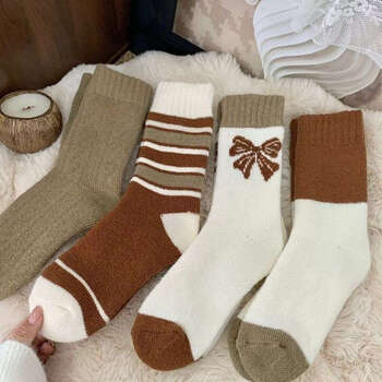 PEANOJEAN厚袜子女秋冬咖色加厚全毛巾中筒袜保暖加绒学院风纯色毛圈长筒袜 【3双装】蝴蝶结+条纹+拼色 均码