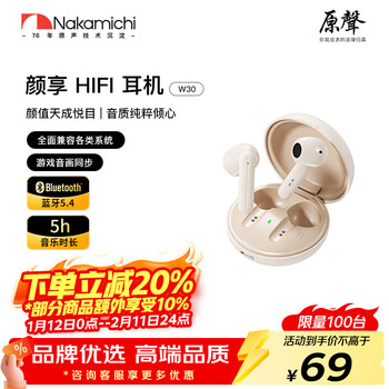 Nakamichi中道真无线蓝牙耳机半入耳式蓝牙耳机游戏低延迟环绕音效超长待机蓝牙耳机高颜值新款蓝牙耳机W30 温柔肤