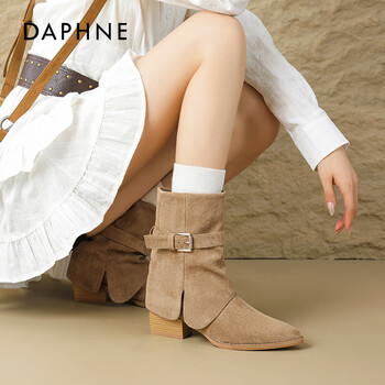 达芙妮厚底马丁靴女款2025新款秋冬季百搭废土风短靴显瘦西部骑士靴 驼色 40