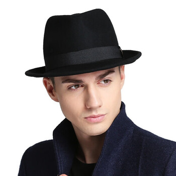 7PM男士礼帽男羊毛呢子绅士帽秋冬英伦爸爸中老年人爵士帽子青年毡帽 黑色 常规(56-58CM)可调节