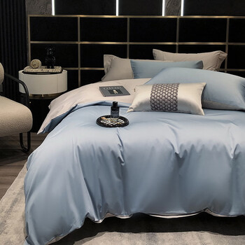 轩蓝仕A类新疆全棉长绒棉100支贡缎织带四件套 纯棉缎纹床品套件 灰兰-Y 床单款 1.8米床(被套200*230cm)