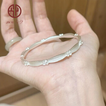 今夕999.9足银手镯子古法玫瑰花闭口素圈手链银首饰送女朋友闺蜜礼物 【圈口54】古法玫瑰花闭口手镯 约25g±1g