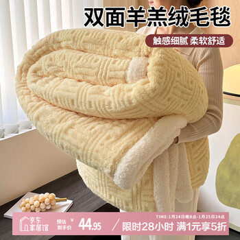 艾薇 双面羊羔绒毛毯办公室午睡毯子毛巾被空调毯 150*200cm 稻香黄