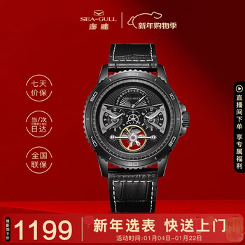海鸥（SEAGULL）手表男自动机械表 日历双时区镂空飞轮男士手表礼物819.13.6171H