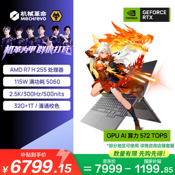 机械革命【国家补贴】翼龙15 Pro 2026 轻薄游戏笔记本电脑(R7 H 255 32G 1T RTX5060 2.5K 300Hz 99Wh灰)