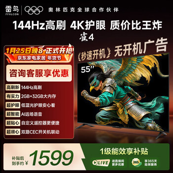 TCL雷鸟电视 55英寸雀4 144Hz高刷 2+32GB 自定义遥控器 家电国家补贴电视55F270C-JN