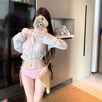 安与·洛施琪高级感甜美粉色条纹比基尼显白纯欲泳衣女夏小胸聚拢泡温泉三件套 粉色 M