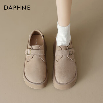 达芙妮厚底乐福鞋女款2025新款爆冬季真皮百搭小个子增高通勤单鞋 浅卡其 37