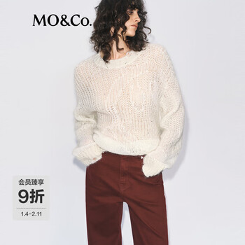 MO&Co.毛衣2025冬新品含马海毛珠片轻暖镂空笑脸织纹漏针宽松MBE4SWT005 米白色 L /170