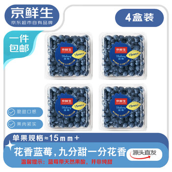 京鲜生 【空运】云南花香蓝莓15mm+4盒 单盒100g+ 生鲜水果 源头直发