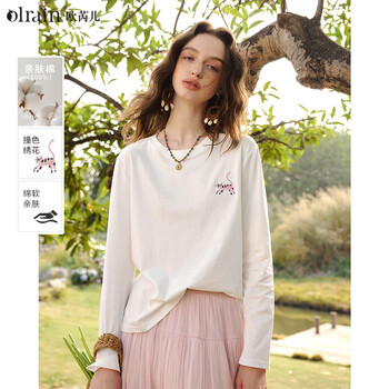 Olrain欧芮儿简约撞色猫咪绣花减龄纯棉长袖T恤女春季2026新款圆领上衣 米白色 L