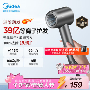 美的（Midea）高速吹风机 39亿等离子护发 家用负离子护发吹风筒 杀菌除头螨电吹风FG208灰 年会礼品 生日礼物
