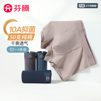 芬腾内裤男式内裤10A抑菌纯棉底裆中腰简约平角内裤4条装 灰色/墨兰/灰紫/宝蓝 4条 2XL