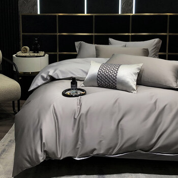 轩蓝仕A类新疆全棉长绒棉100支贡缎织带四件套 纯棉缎纹床品套件 绅士灰Y 床单款 1.8米床(被套200*230cm)
