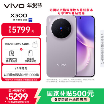 vivo X300 16GB+1TB 惬意紫 蔡司2亿超级主摄 蔡司APO超级长焦 5年持久流畅OriginOS 6 拍照 AI手机