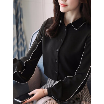 长袖衬衫女装2023年秋季小个子女士衬衣雪纺小衫春秋打底上衣女黑色s