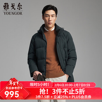 雅戈尔（YOUNGOR）羽绒服男品质面料鹅绒充绒立领可脱帽羽绒服休闲百搭舒适2025新品 深绿 VLYW419893PTA L 175/96A （推荐130-150斤）