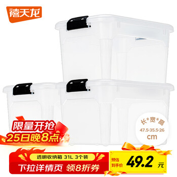 禧天龙（Citylong）特大号透明塑料收纳箱搬家整理储物箱置物箱 【爆款推荐31L*3个】 47.5*35.5*26cm