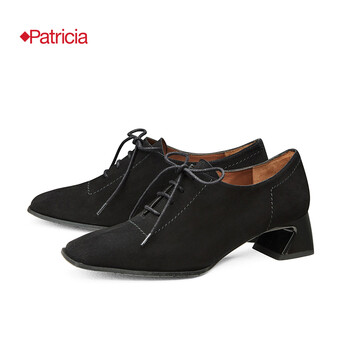 帕翠亚西班牙原产2022早秋羊反绒女单鞋几何跟手工缝制系带女鞋环保