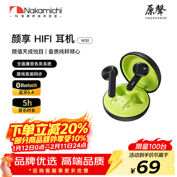 Nakamichi中道真无线蓝牙耳机半入耳式蓝牙耳机游戏低延迟环绕音效超长待机蓝牙耳机高颜值新款蓝牙耳机W30 神秘黑
