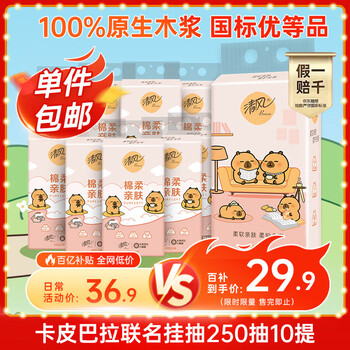 清风（APP）【李昀锐同款】挂抽 悬挂式抽纸 卡皮巴拉4层250抽10提 面巾纸
