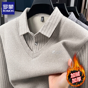罗蒙（ROMON）加绒假两件毛衣男2025秋冬季新款仿雪貂绒男士针织打底毛衫上衣 222驼色 L (建议体重110-125斤)