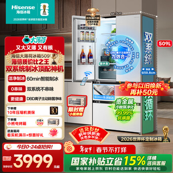 海信（Hisense）大薄荷509L法式多门冰箱双系统自动制冰嵌入大容量净味白色世界杯定制冰箱BCD-509S3FZSQD限时补贴