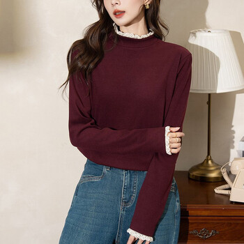 CronetKcnsy花边拼接半高领打底衫女秋冬双面磨毛修身设计感针织衫内搭上衣女 安哥拉红 XL (建议120-150)