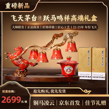 茅台飞天 200mlx2 白酒 跃马鸣祥 马年茶具摆件礼盒 年货送礼礼盒
